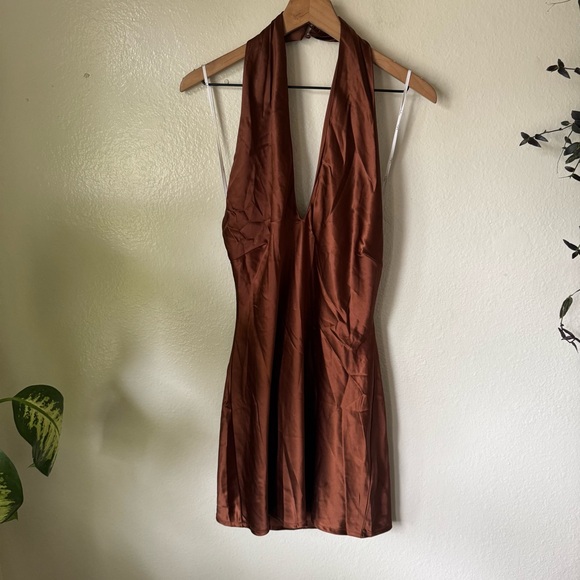 Lulus | Beyond Classy Brown Satin Halter Mini Dress - Picture 2 of 8
